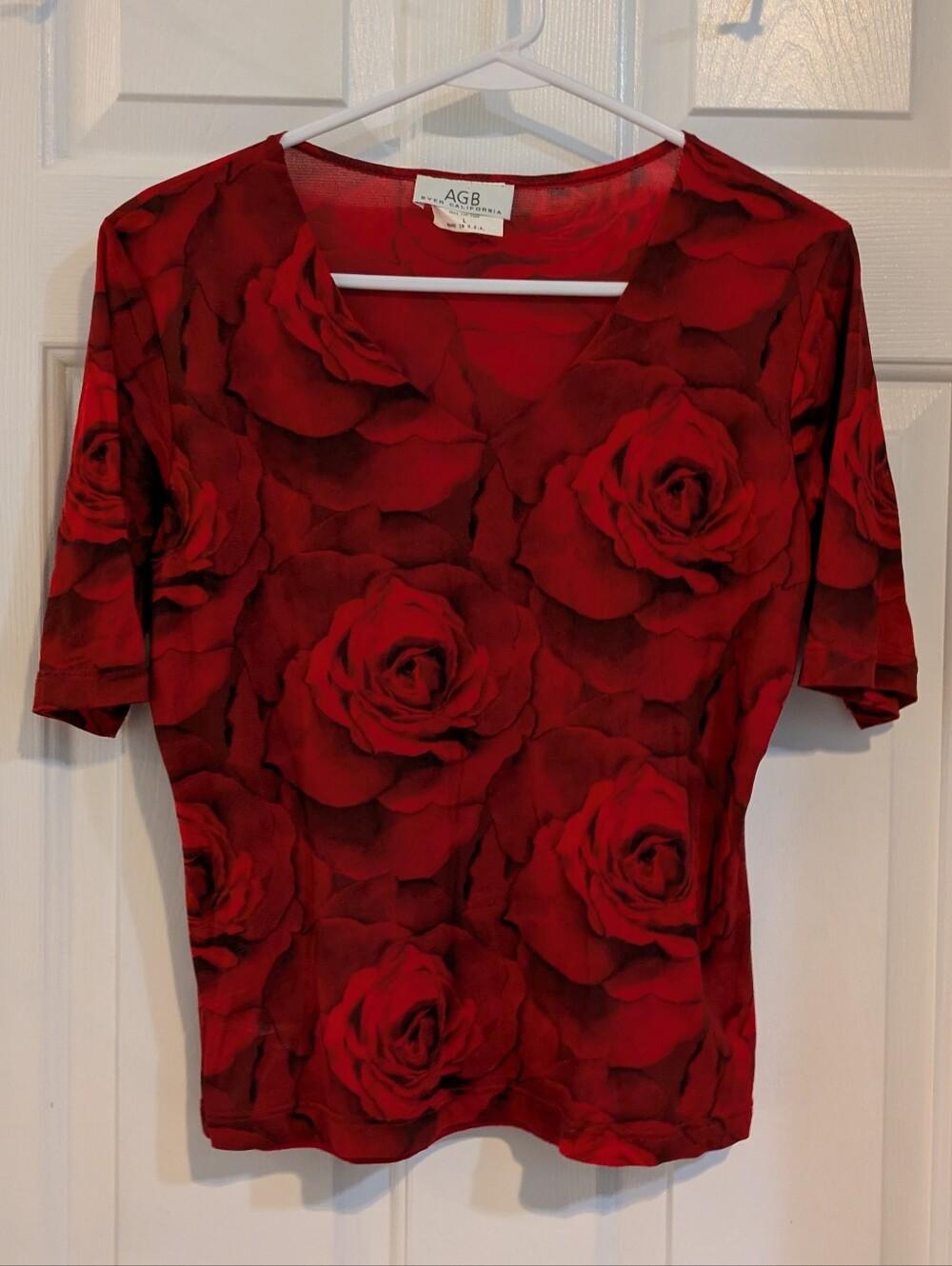 AGB Red Rose-Print V-Neck Short Sleeve Top